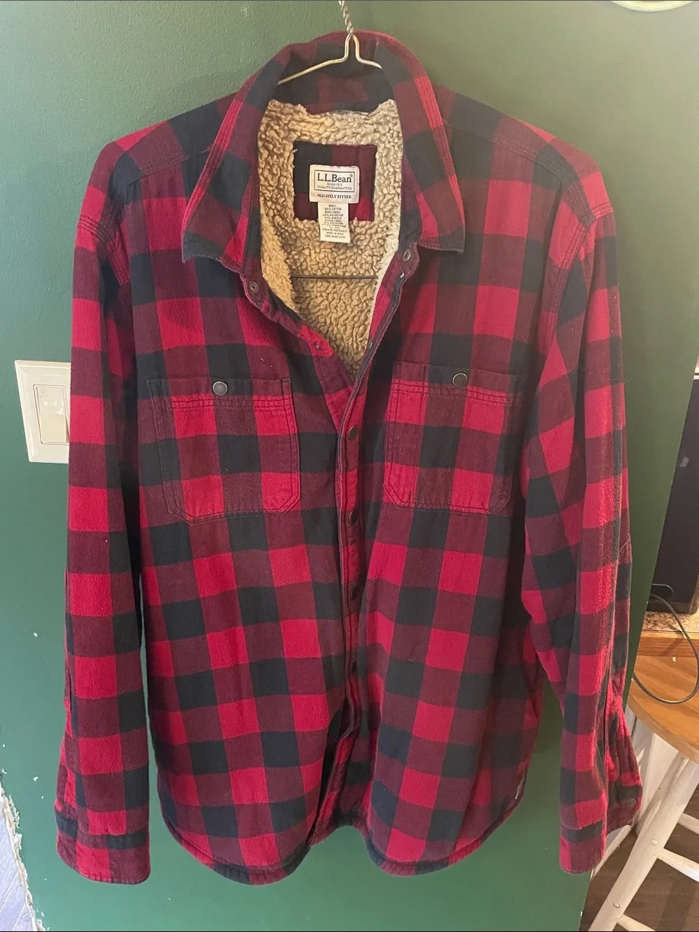 Vintage L.L. Bean Red & Black Buffalo Plaid Sherpa-Lined Shirt Jacket Size XL-R